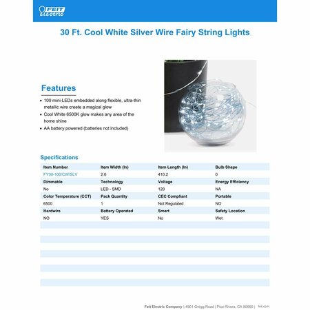 Feit Electric LED Fairy String Lights Cool White 30 ft 100 lights FY30-100/CW/SLV